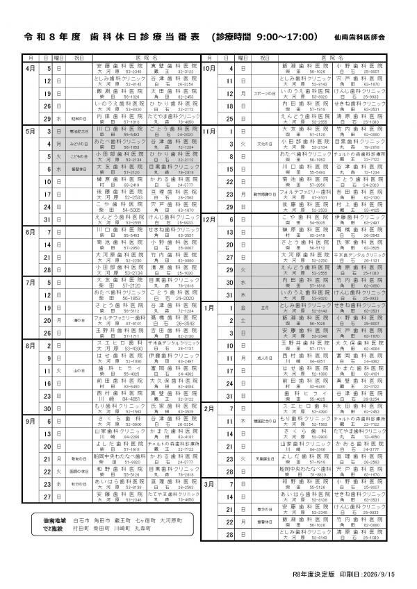 令和8年度歯科休日診療当番表の画像