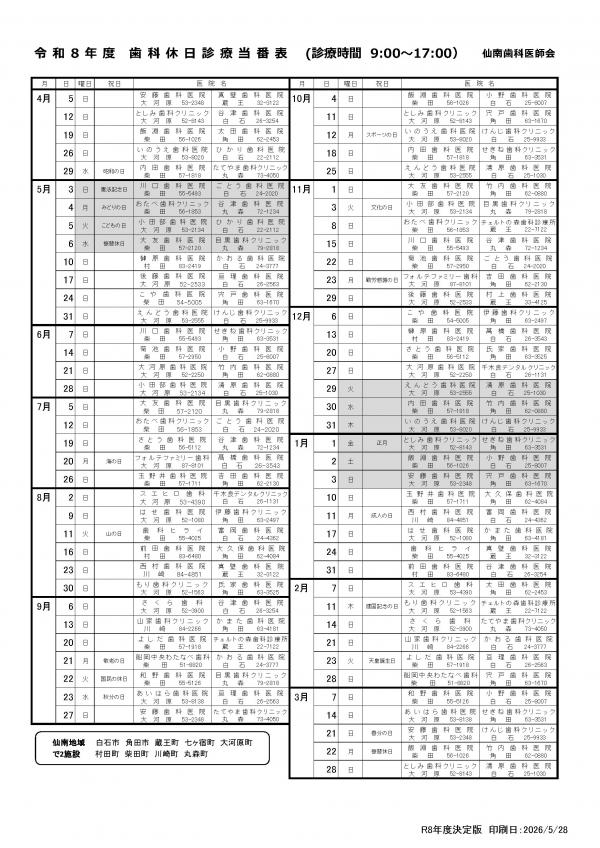 令和8年度歯科休日診療当番表